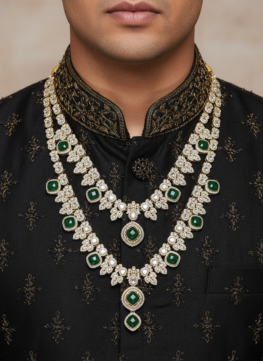 Royal Green Kundan Layered Necklace for Men | Groom Wedding Mala