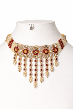 Kundan Red Stone Necklace Set for Women | Bridal Pendant Jewellery with Earrings | Traditional Wedding & Festive Wear (Gold & Pearl Finish)