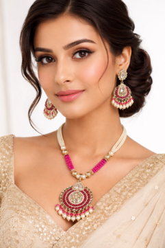Kundan Pendant Necklace Set for Women | Pink Beaded Choker with Earrings | Traditional Wedding Jewellery (Gold & Pearl Finish)