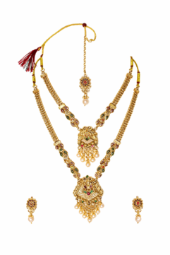 Traditional Gold Plated Bridal Necklace Set for Women | Double Layer Haar with Maang Tikka & Earrings | Temple Style Wedding Jewellery (Green & Red Stones)