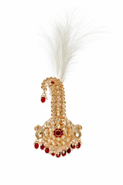 Royal Kundan Kalangi for Men | Groom Wedding Safa Brooch with Feather & Red Beads | Sherwani Pagdi Accessory (Gold Finish)