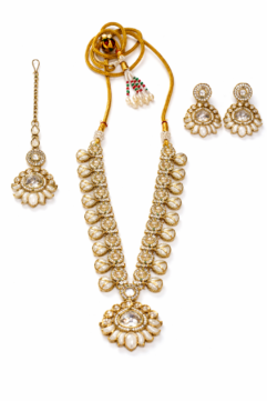 Kundan Bridal Necklace Set for Women | Long Adjustable Mala with Maang Tikka & Earrings | Traditional Wedding Jewellery (Gold & Pearl Finish)