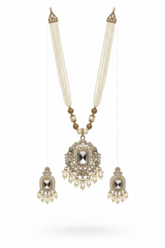 Antique Kundan Pearl Necklace Set for Women | Multi-Strand Beaded Mala with Statement Pendant & Earrings | Wedding & Ethnic Jewellery (Gold Finish)