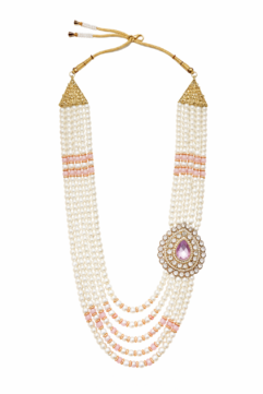 Royal Pearl Groom Mala for Men with Pink Stone Brooch | Wedding Sherwani Mala | Dulha Haar Multi Layer Pearl Necklace (Gold Finish)