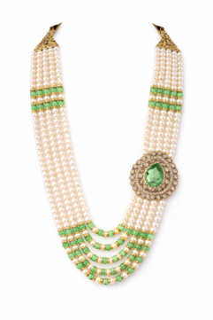 Royal Pearl Groom Mala for Men with Pista Green Beads & Green Stone Brooch | Wedding Sherwani Mala | Dulha Haar Multi Layer Necklace (Gold Finish)