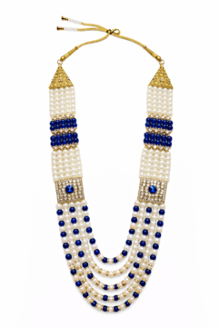 Royal Blue & White Pearl Groom Mala for Men | Multi-Layer Wedding Necklace with Kundan Brooch | Sherwani Jewellery Haar (Gold Finish)