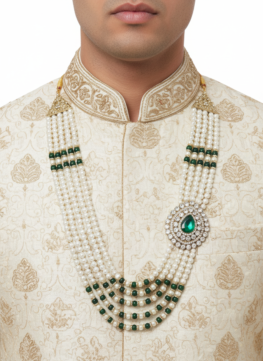 Royal Pearl Groom Mala for Men with Green Stone Brooch | Wedding Sherwani Mala | Dulha Haar Multi Layer Pearl Necklace (Gold Finish)