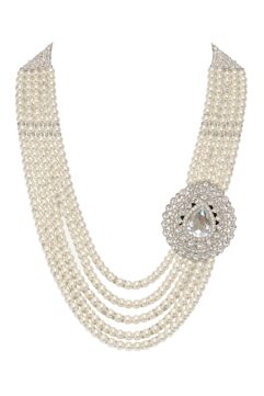 Royal Pearl Groom Mala for Men with White Stone Brooch | Wedding Sherwani Mala | Dulha Haar Multi Layer Pearl Necklace (Silver Finish Look)