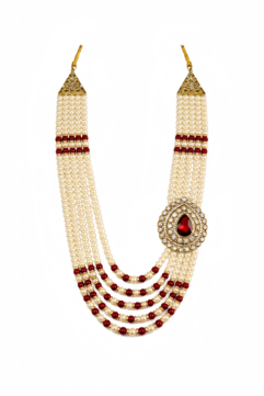 Royal Pearl Groom Mala for Men with Mahroon Stone Brooch | Wedding Sherwani Mala | Dulha Haar Multi Layer Pearl Necklace (Gold Finish)