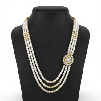 Royal White Pearl Groom Mala for Men | Maharaja Wedding Necklace | Designer Sherwani Mala | Multi Layer Groom Jewellery | Traditional Wedding Accessories