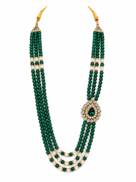 Royal Green Beads Groom Mala for Men | 3 Layer Pearl Wedding Necklace with Kundan Brooch | Sherwani Dulha Mala | Wedding Accessories